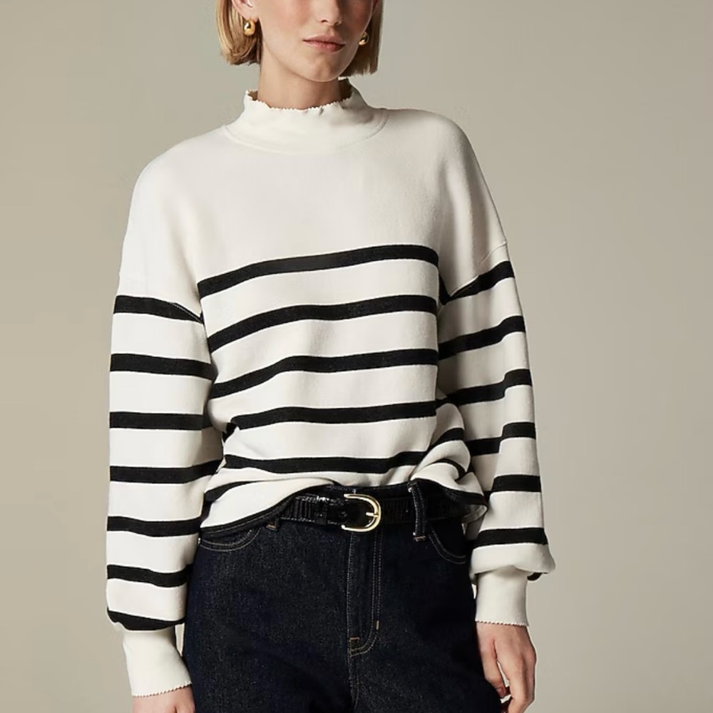 J. Crew Women's Nautical Terry Mock Neck Black & White Stripe Sweater Size Small